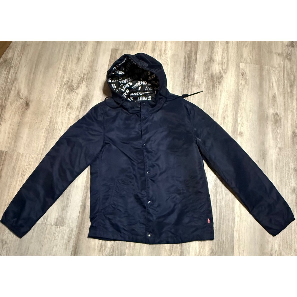 Levi Strauss Mens Navy Hooded Jacket Snap Front Logo Lined Casual Outerwear